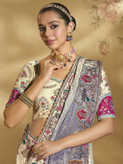 Cream Purple Ombr‚ Handwork Embroidery Saree