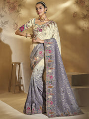 Cream Purple Ombr‚ Handwork Embroidery Saree