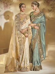 Teal And Green Handwork Embroidery Saree