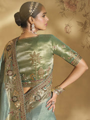 Teal And Green Handwork Embroidery Saree