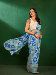Blue Ikat Printed Saree With Embellished Belt
