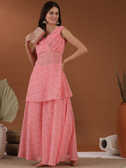 Pink Abstract Printed V-Neck A-Line Kurti with Palazzos
