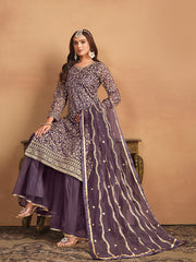 Purple Zari Embroidery Net Gharara Suit