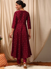 Maroon Ethnic Motifs Printed Tie-Up Neck Anarkali Kurta