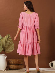 Pink Chikankari Embroidered Tiered Cotton Fit and Flare Midi Ethnic Dress