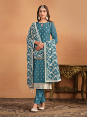 Turquoise Thread And Sequence Embroidery Pant Style Salwar Suit