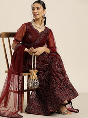 Maroon Embroidered Beads and Stones Semi-Stitched Lehenga & Unstitched Blouse With Dupatta