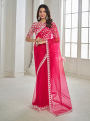 Magenta Floral Embroidered Net Saree