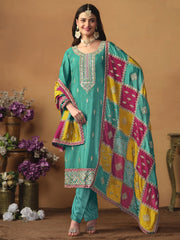 Turquoise Embroidered Partywear Straight-Cut-Suit