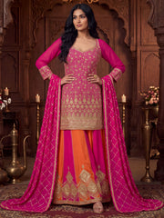Magenta And Orange Zari Embroidered Sharara Suit