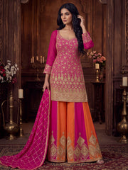 Magenta And Orange Zari Embroidered Sharara Suit
