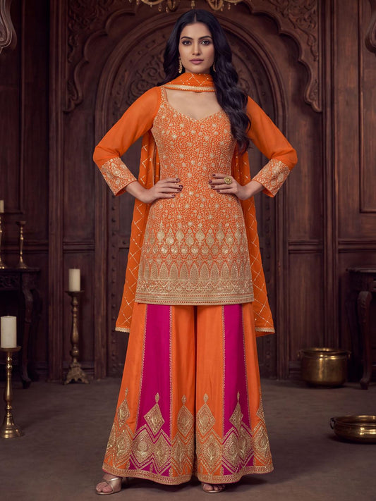 Orange And Magenta Zari Embroidered Sharara Suit