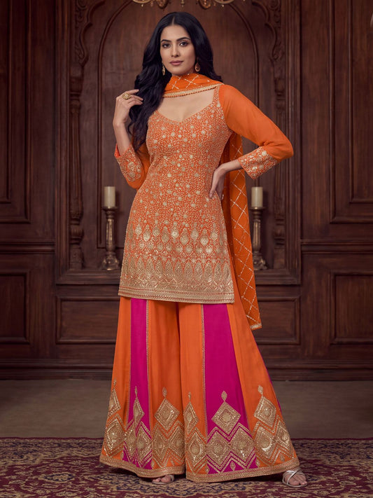 Orange And Magenta Zari Embroidered Sharara Suit