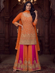 Orange And Magenta Zari Embroidered Sharara Suit