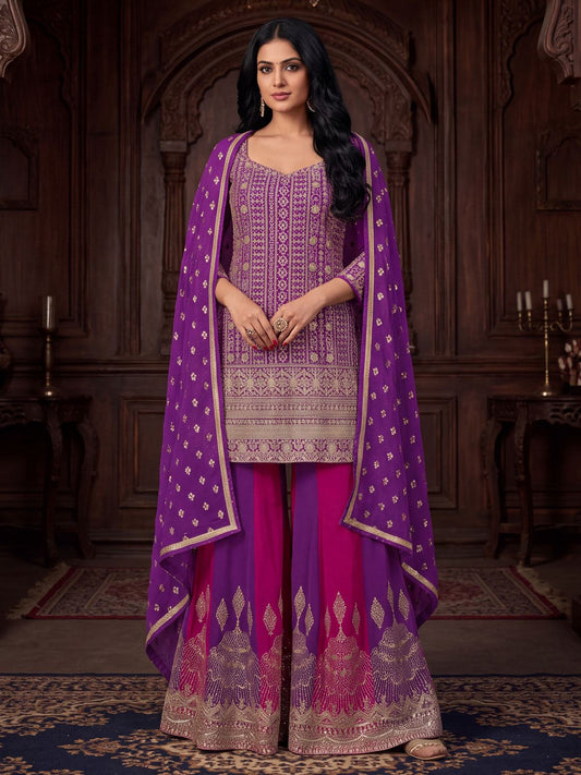Purple And Pink Traditional Embroidered Sharara Suit