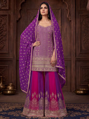 Purple And Pink Traditional Embroidered Sharara Suit