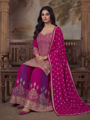 Pink And Purple Traditional Embroidered Sharara Suit