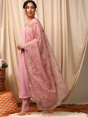 Women Pink Floral Layered Sequinned Kurta with Trousers & With Dupatta