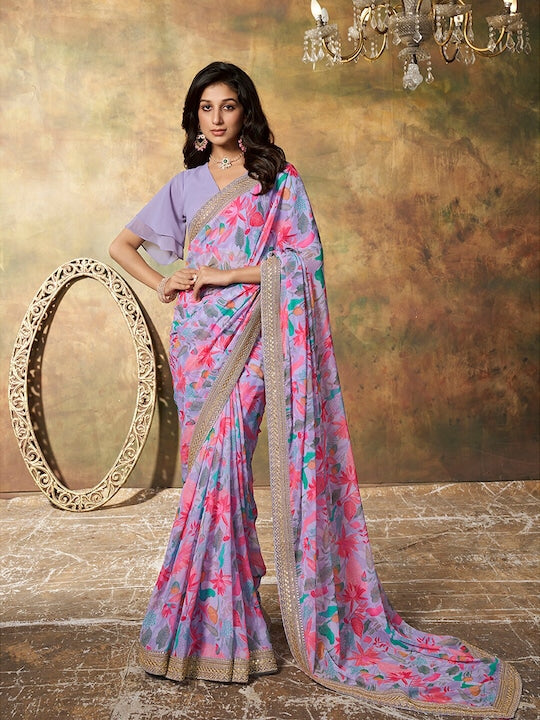 Floral Printed Sequinned Saree
