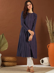 Purple Ethnic Woven Design Round Neck Panelled Cotton A-Line Kurta