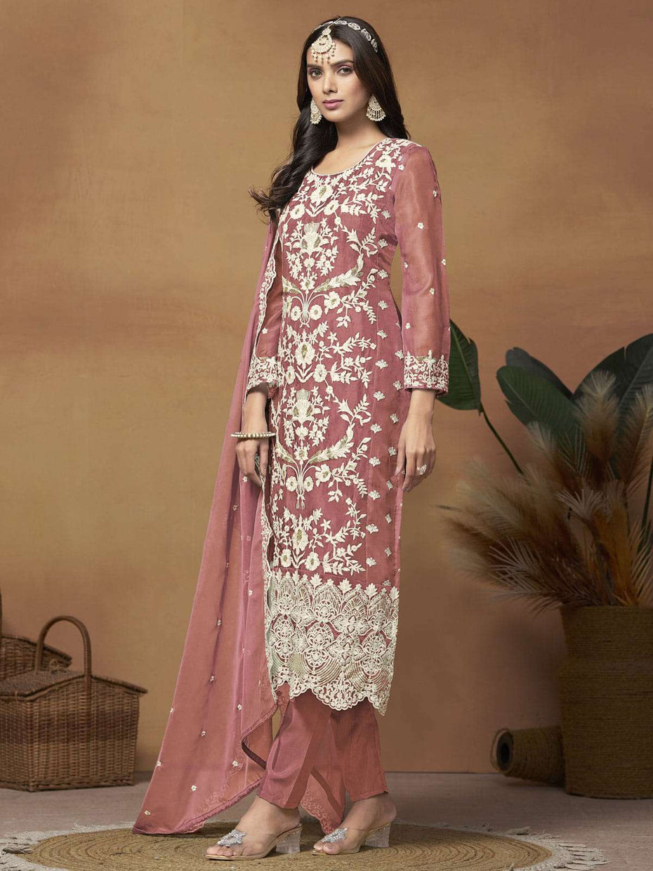 Black Zari Embroidered Straight Kurta, Pant And Dupatta Set main image 0