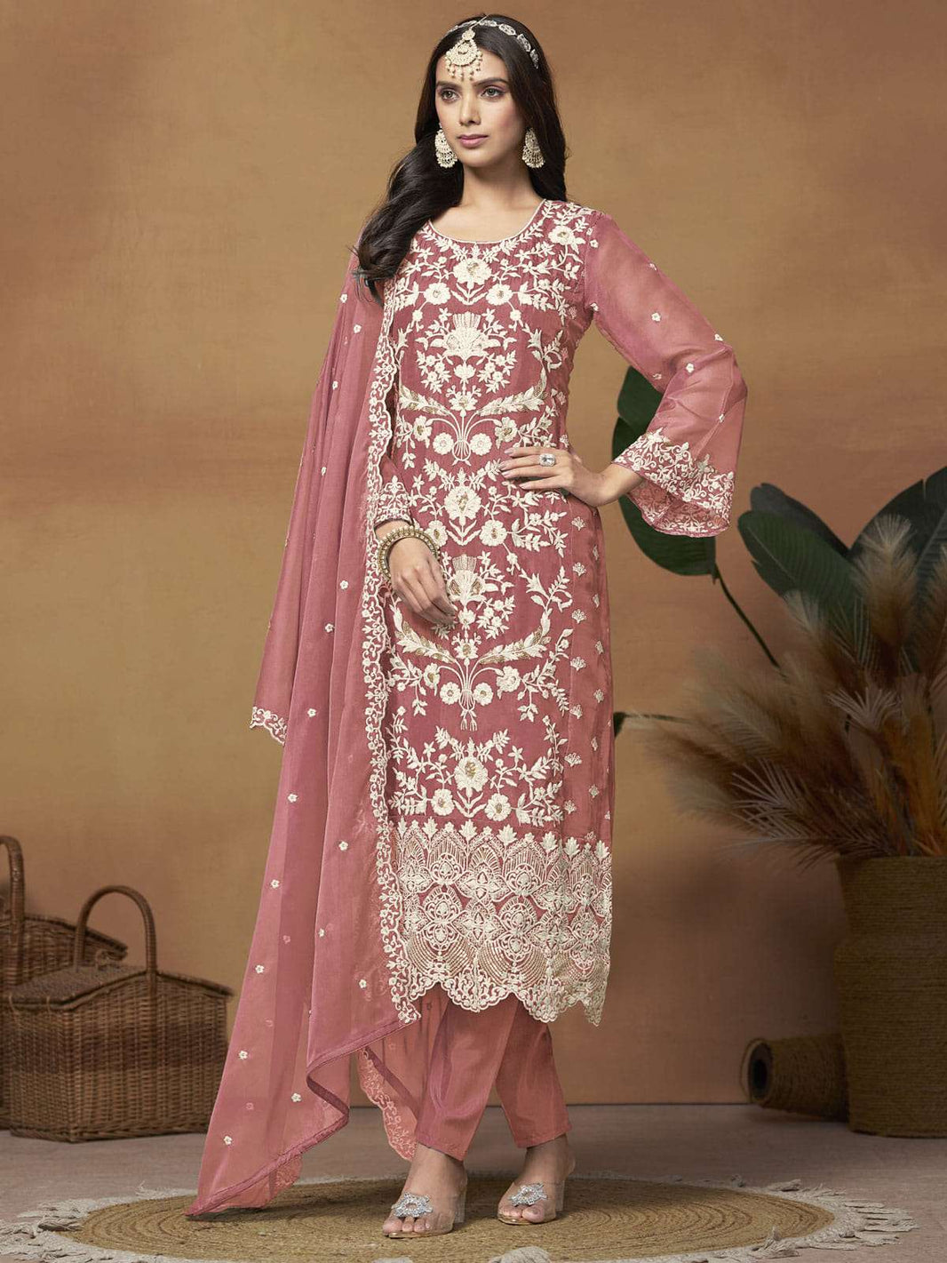 Cotton Ikat Inspired Kurta Set with Zari embroidered neckline and Bandhej Dupatta