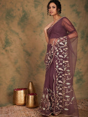 Mauve Floral Embroidered Net Sarees