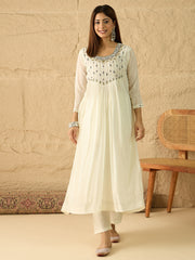 Floral Embroidered Empire Thread Work Kurta with Trousers & With Dupatta