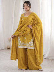 Yellow Designer Roman Silk Embroiderd Palazzo Suit