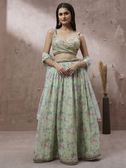 Lime Green Organza Floral Printed Semi-Stitched Lehenga choli & Dupatta