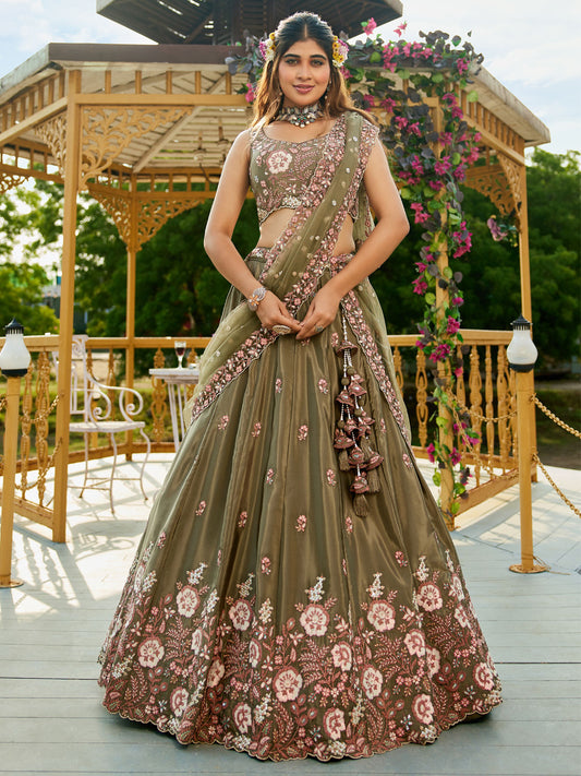 Olive colour Satin Sequinse embroidery Semi-Stitched Lehenga choli and Dupatta