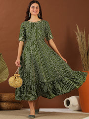 Green Bandhini Printed Cotton Tie Up Lace Fit & Flare Midi Ethnic Dress