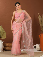Pink Embellished Mukaish Net Saree