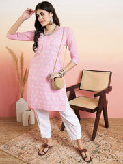 Pink & White Floral Embroidered Straight Kurta & Dhoti Pant
