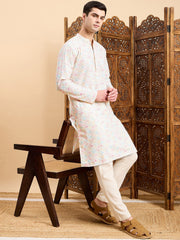 Off White Geometric Embroidered Mandarin Collar Straight Kurta