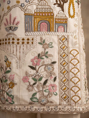 Off White Multicolor Embroidery Silk Palazzo Style Suit