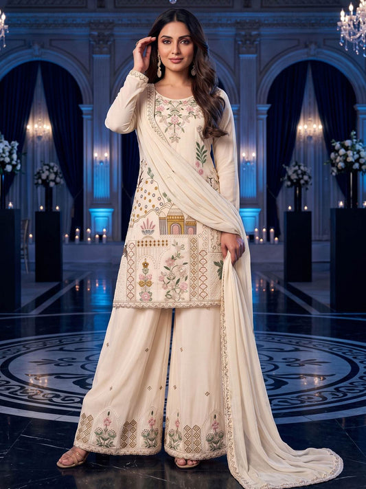 Off White Multicolor Embroidery Silk Palazzo Style Suit