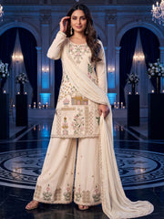 Off White Multicolor Embroidery Silk Palazzo Style Suit