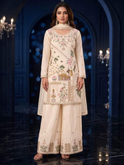 Off White Multicolor Embroidery Silk Palazzo Style Suit