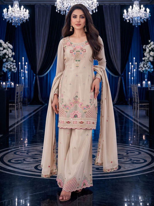 Beige Multicolor Embroidery Silk Palazzo Style Suit