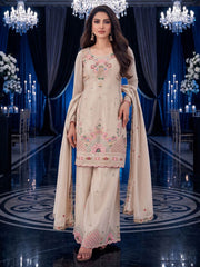 Beige Multicolor Embroidery Silk Palazzo Style Suit