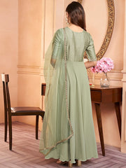 Green Embroidered Fit & Flare Georgette Ethnic Dress & Dupatta