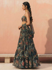 Black Floral Printed Georgette Lehenga Choli Set