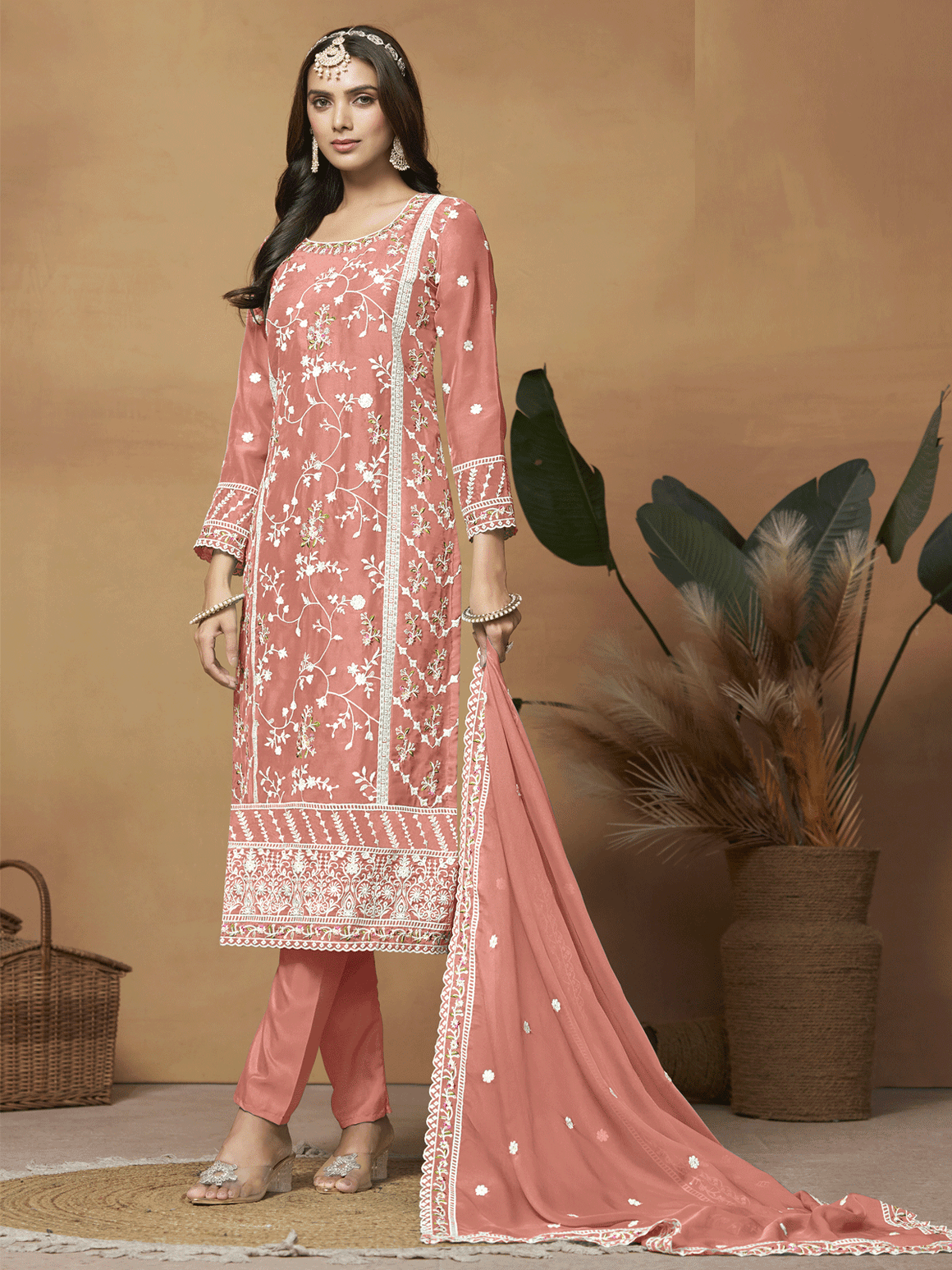 Pink Women Embellished Sequinned Embroidered Satin Saree