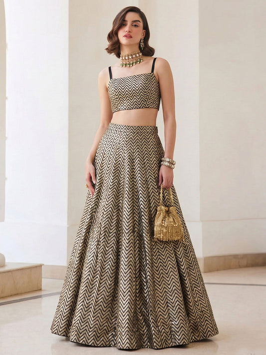 Gold Weave Jacquard Indo-Western Lehenga Set