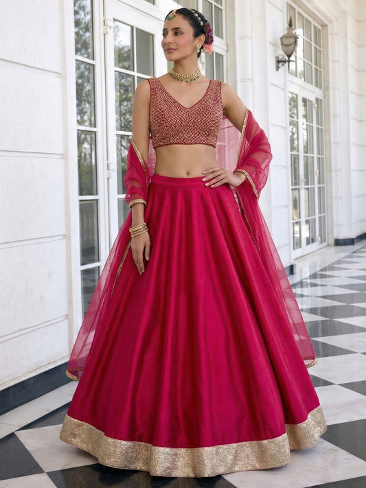 Solara Crimson Vichitra Silk Lehenga Set