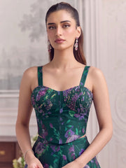 Dark Green Organza Printed Lehenga Blouse