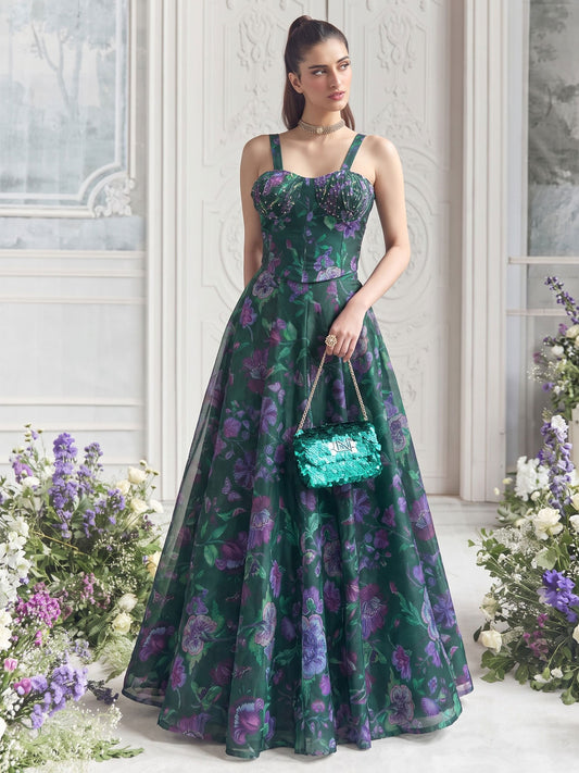 Dark Green Organza Printed Lehenga Blouse