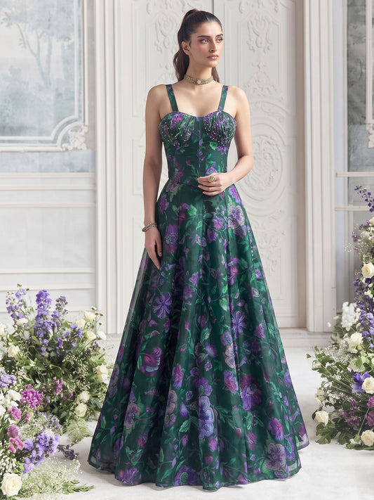 Dark Green Organza Printed Lehenga Blouse