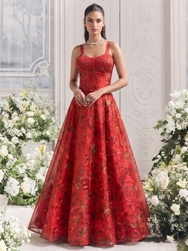 Orange Color Organza Printed Lehenga Blouse